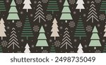 Seamless holiday pattern, Christmas trees. Forest and snowflakes on a black background. Minimal art banner, poster. Holiday background for wrapping paper, wallpaper.
