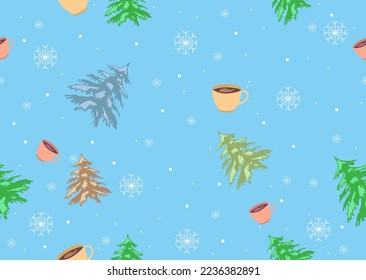 Nahtloses Urlaubsmuster mit Weihnachtsbäumen, Getränken und Schneeflocken unterschiedlicher Größe auf blauem Hintergrund. Vektorgrafik gruppiert für einfache Bearbeitung