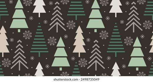 Seamless holiday pattern, Christmas trees. Forest and snowflakes on a black background. Minimal art banner, poster. Holiday background for wrapping paper, wallpaper.