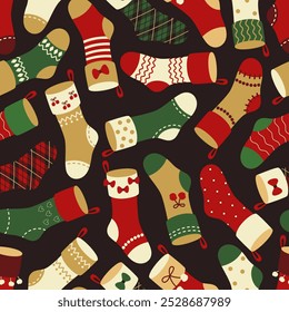 Seamless holiday pattern of colorful Christmas stockings for gifts on a dark background. Vector illustration for textile, gift wrapping, banner, cover, scrapbooking.