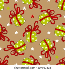 Seamless holiday pattern of colorful gift boxes with ribbon on beige background. Pattern for print, wrapping paper design. Hand drawn vector illustration.