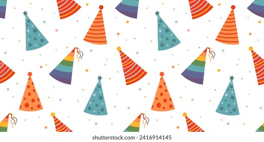 Seamless holiday pattern with colorful party hats on white background