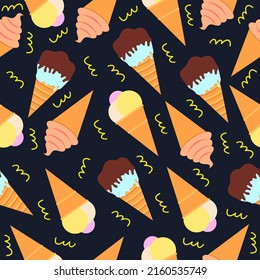 Seamless holiday pattern with cute cartoon ice cream. Hand drawn holiday background. Vector illustration.