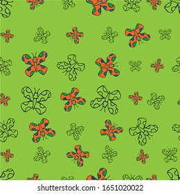 Seamless holiday pattern. Cute orange butterflies on a green background. Vector drawing in Doodle style. For packaging design, children's parties.