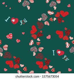 Seamless holiday pattern. Design of various hearts on a turquoise background for Valentine's Day. Cute illustrations for printing on paper, textile, packaging. Text: I love you. Vector, cartoon.