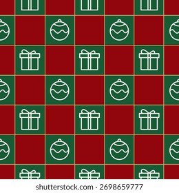 Patrón inconsútil del día de fiesta que presenta la caja de regalo y los iconos de la línea del ornamento en cuadrados rojos y verdes, perfecto para los diseños de las Navidades, Ilustración vectorial 