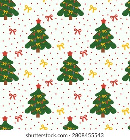 Seamless holiday pattern featuring green Christmas trees adorned with golden garlands and red stars, interspersed with small red and yellow bows on a white background with red speckles. This detailed repeating background is designed for festive retail packaging, winter textiles, and seasonal gift wrapping paper.