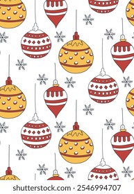 Padrão de férias sem costura com ornamentos de Natal desenhados à mão em vermelho e amarelo com desenhos intrincados, complementados por delicados flocos de neve em um fundo branco. Perfeito para projetos festivos