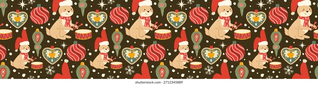 Patrón de vacaciones sin fisuras con conejo de bosque con adornos festivos y estrellas. Linda Ilustración vectorial para tarjetas de felicitación de temporada, invitaciones y proyectos de celebración de invierno.