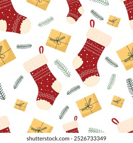 Seamless holiday pattern with festive Christmas stockings, wrapped gifts and pine branches on white background. Traditional Christmas socks with gifts in children's cartoon concept. For decor.