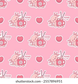 Seamless holiday pattern. Funny Axolotl with cup festive hot cocoa with marshmallows and candies on pink background with heart. Little cool cartoon kawaii animal sticker. Vector illustration