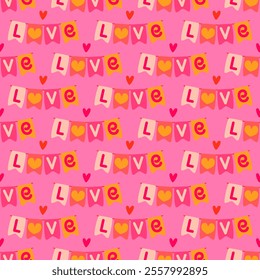 Seamless holiday pattern with garland of flags. Flat vector illustration on pink background for valentine's day, wedding.