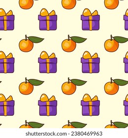 Seamless holiday pattern of gift boxes and juicy oranges on a light background