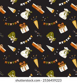 Seamless holiday pattern with gifts, festive bags, poppers, and garlands on a dark background. Warm tones of green, orange, and beige create a cozy, holiday perfect for seasonal designs