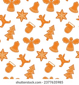 Seamless holiday pattern with gingerbread in Scandinavian style. Design for Christmas and New Year. Pattern for card, wrapping paper, fabric, textile, wallpaper, background. Vector illustration