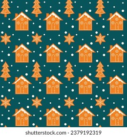Nahtloses Urlaubsmuster mit Lebkuchen im skandinavischen Stil. Design für Weihnachten und Neujahr. Muster für Karte, Umschlagpapier, Stoff, Textilien, Tapete, Hintergrund. Vektorgrafik