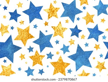 Patrón de vacaciones sin inconvenientes con textura vectorial de estrellas doradas y azules sobre fondo blanco para papel de envolvimiento. Ilustración navideña.  Patrón de estrellas de color brillante. Fondo festivo. Fondo de cumpleaños.