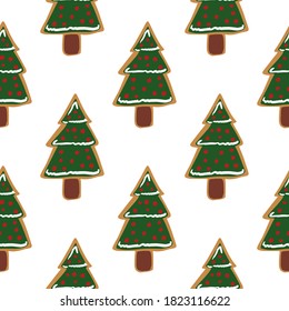 Patrón de vacaciones sin inconvenientes con galletas de árbol de abetos de Navidad decorativas verdes. En el interior, una atractiva impresión de fondo blanco. Papel tapizado, textil, papel envolvente, impresión de tela. Ilustración del vector