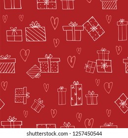 Seamless holiday pattern with hand drawn elements of big and small wrapped gifts and hearts on red background.