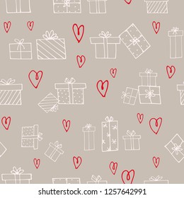 Seamless holiday pattern with hand drawn elements of big and small wrapped gifts and red hearts on grey background.