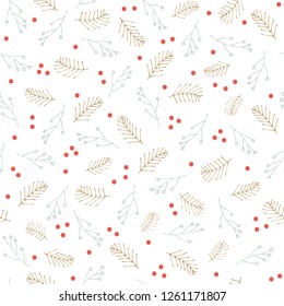 Seamless holiday pattern with hand drawn winter botanicals and Christmas color theme. Great for wrapping paper, invitations, greeting cards or textiles.