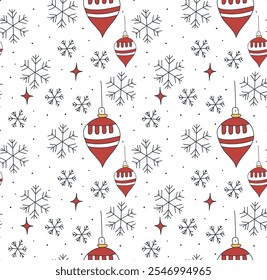 Padrão de férias sem costura com decorações de Natal desenhadas à mão em vermelho complementado por flocos de neve em um fundo branco. Ideal para projetos de férias