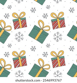 Seamless holiday pattern with hand-drawn gift boxes surrounded by snowflakes. Ideal for wrapping paper, fabric and holiday designs.