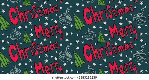 Seamless holiday pattern. Handwriting lettering on retro style. Red, green, blue, black. Merry Christmas, stars, balls, toys, christmas trees. Vector illustration.