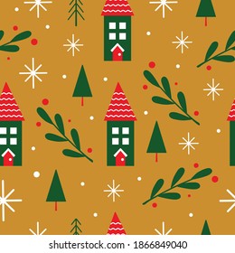 Seamless Holiday Pattern with Houses and Branches in Vector.