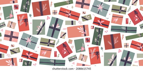 Seamless holiday pattern with hygge gift boxes with ribbons and branches decorations on white background. Vector wallpaper with presents top view in pastel colors and stems with foliage and berries.