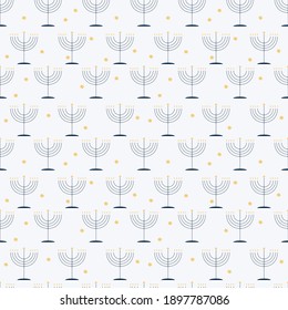 Seamless holiday pattern with Jewish symbols: blue Menorah and yellow Stars of David on a light backdrop 