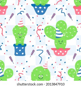 Seamless holiday pattern with kawaii cacti in flower pots, fireworks, birthday cap on square background. Vector flat design. Funny plants. Cactus kids print. Wallpaper, wrapping, cover. 