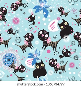 Seamless holiday pattern with loving cats on a beautiful background. Beautiful ornament with cats for Valentine's Day.