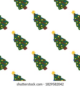 Patrón de vacaciones sin problemas con adorno de juguete de árbol de año nuevo. Las navidades aisladas se imprimen en color verde sobre fondo blanco. Diseñado para el diseño de tejidos, impresión textil, envoltura, cubierta. Ilustración vectorial.