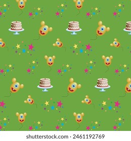 Seamless holiday pattern on a green background. Balloons, cakes, stars. Design for fabric, print on cups, bags, T-shirts.