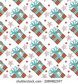 Seamless holiday pattern on a white background. Gifts, stars and circles. Boxes with bows and business cards. Flat style vector. 
