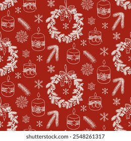 Seamless holiday pattern with outline hand drawn Christmas floral elements on red background. Perfect for holiday wrapping paper, textiles, and decor. Vector doodle design