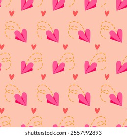 Seamless holiday pattern with paper flying airplanes in the shape of a heart. Message of love. Flat vector illustration on pink background for valentine's day, wedding decoration.