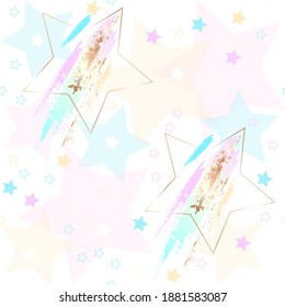 Seamless holiday pattern. Pastel colors and golden stars on a white background. Abstract romantic background. 