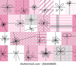 Seamless holiday pattern with pink and white gift boxes vector illustration. Christmas, New year, Birthday background. Celebration design with gift box