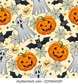Seamless holiday pattern with pumpkins and ghosts. Background from Halloween attributes. Template from repeating bats and cobwebs. Vector illustration.