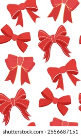 Seamless holiday pattern with red bows on white background. Holiday texture with ribbons for wrapping paper and wallpaper