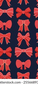 Seamless holiday pattern with red bows on dark blue background. Birthday textile. Holiday texture with ribbons for wrapping paper and wallpaper