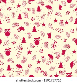 Seamless holiday pattern with red christmas decorations. Vector background
