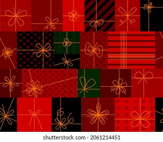 Seamless holiday pattern with red gift boxes vector illustration. Christmas, New year, Birthday background. Celebration design with gift box