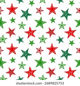 Patrón de vacaciones sin fisuras con estrellas rojas y verdes sobre fondo blanco. Estilo de Vector plano con texturas mixtas estrellas Formas en una repetición dispersa. Ideal para la decoración de Navidades.