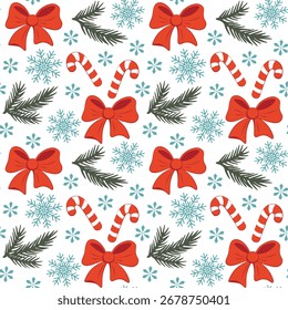 Patrón de vacaciones sin fisuras con lazos de cinta roja, bastones de caramelo, copos de nieve y ramitas de abeto. Estilo plano del Vector, perfecto para la decoración de las Navidades, decoración del partido, textiles, scrapbooking, papel digital