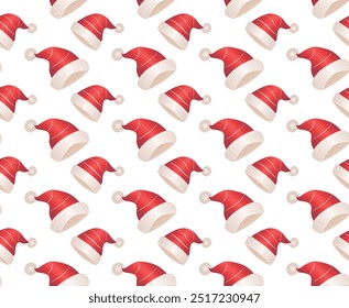 Seamless holiday pattern with red Santa hats with white pom-poms and fur frill. Ideal for Christmas wrapping paper, holiday background or holiday product design.