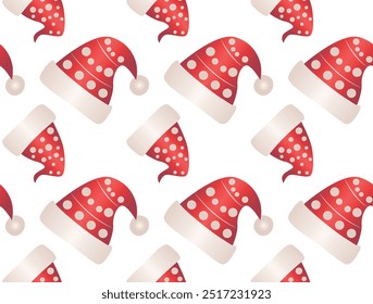 Seamless holiday pattern with red Santa hats with white dot and stripes with pompoms and frill. Ideal for Christmas wrapping paper, holiday background or holiday product design.