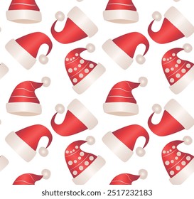 Seamless holiday pattern with red Santa hats with white dot and stripes with pompoms and fur frill. Ideal for Christmas wrapping paper, holiday background or holiday product design.